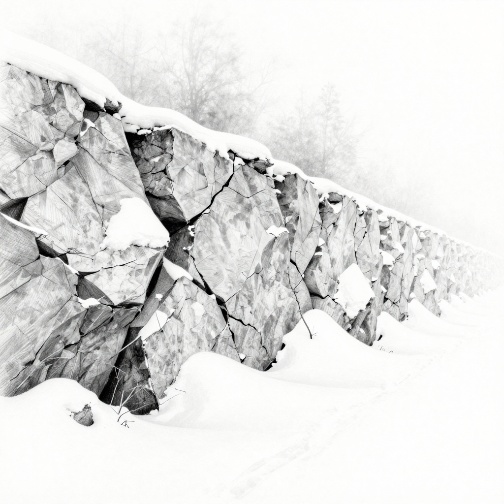 Snow-Covered Fractured Rock Wall in Winter