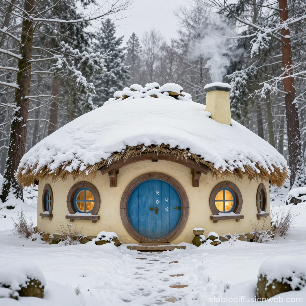 Snow-Covered Hobbit House in a Winter Forest