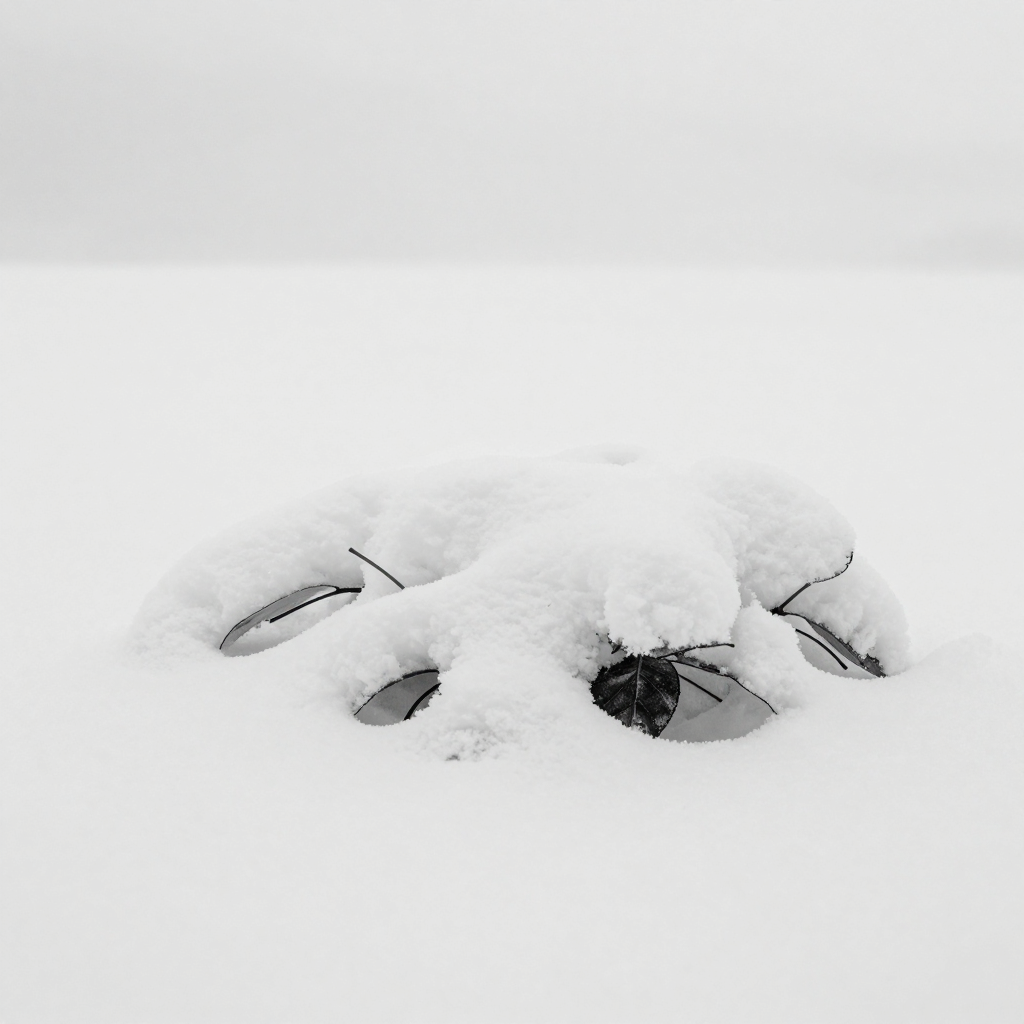 Snow-Covered Leaves in a Minimalist Winter Scene