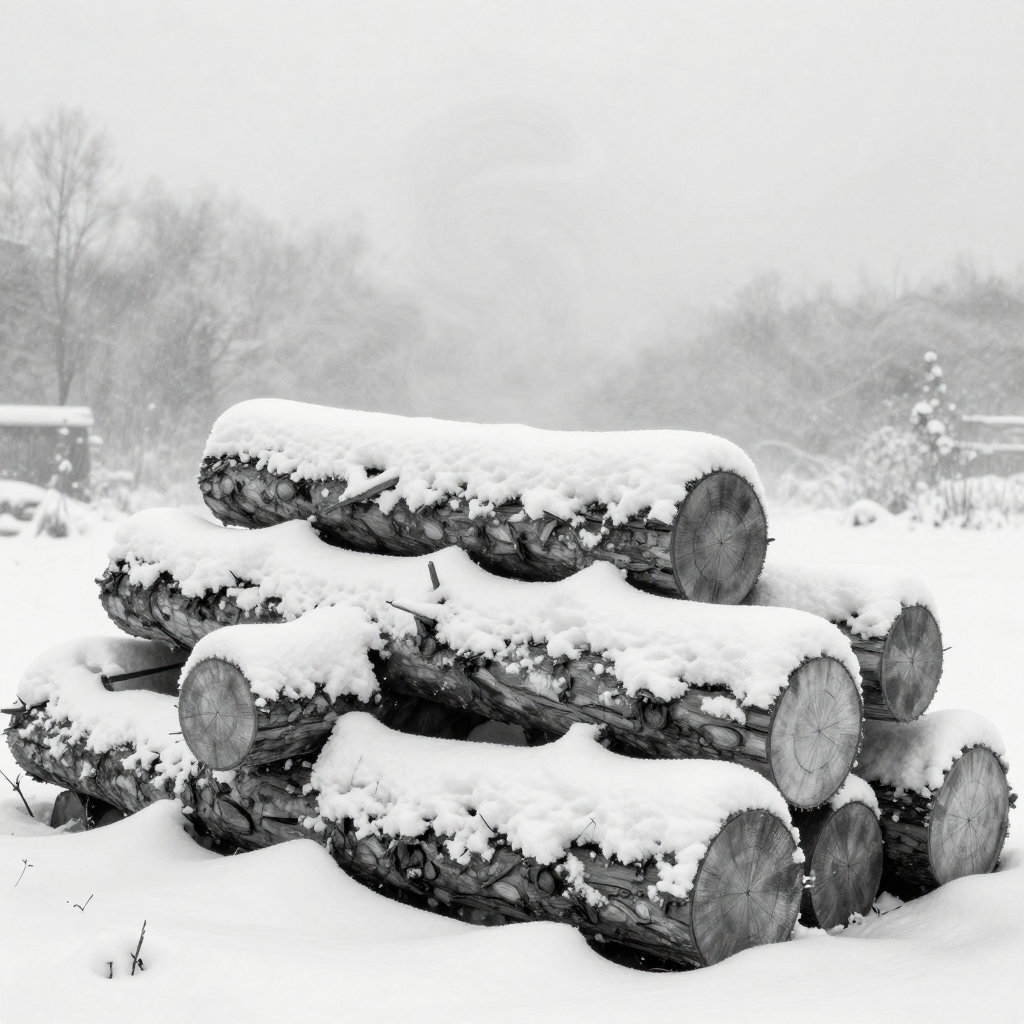 Snow-Covered Logs in a Winter Landscape