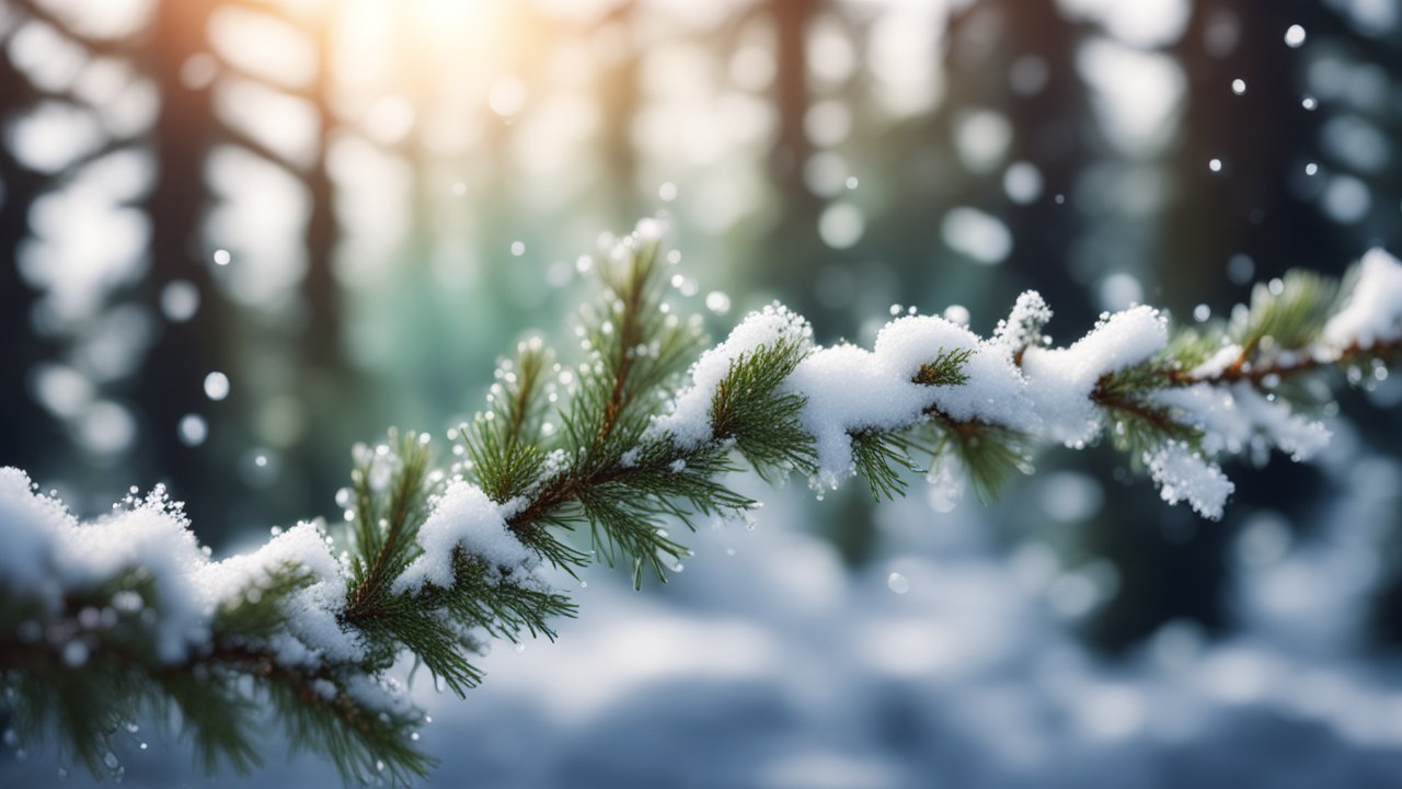 Snow-Covered Pine Branch in Soft Winter Light