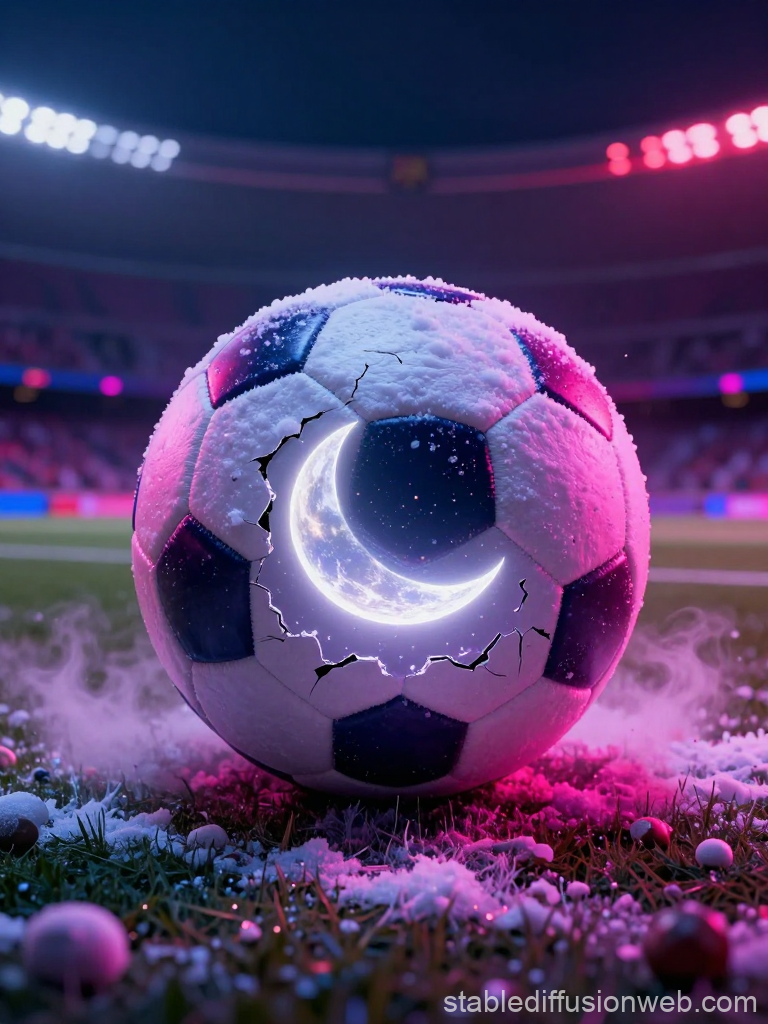 Snow-Covered Soccer Ball with Glowing Crescent Moon Inside