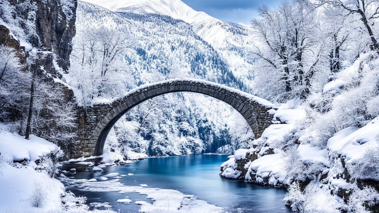Snow-Covered Stone Arch Bridge Over Winter River