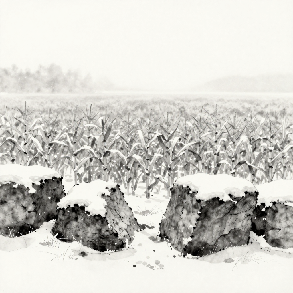 Snow-Covered Stumps in a Winter Cornfield
