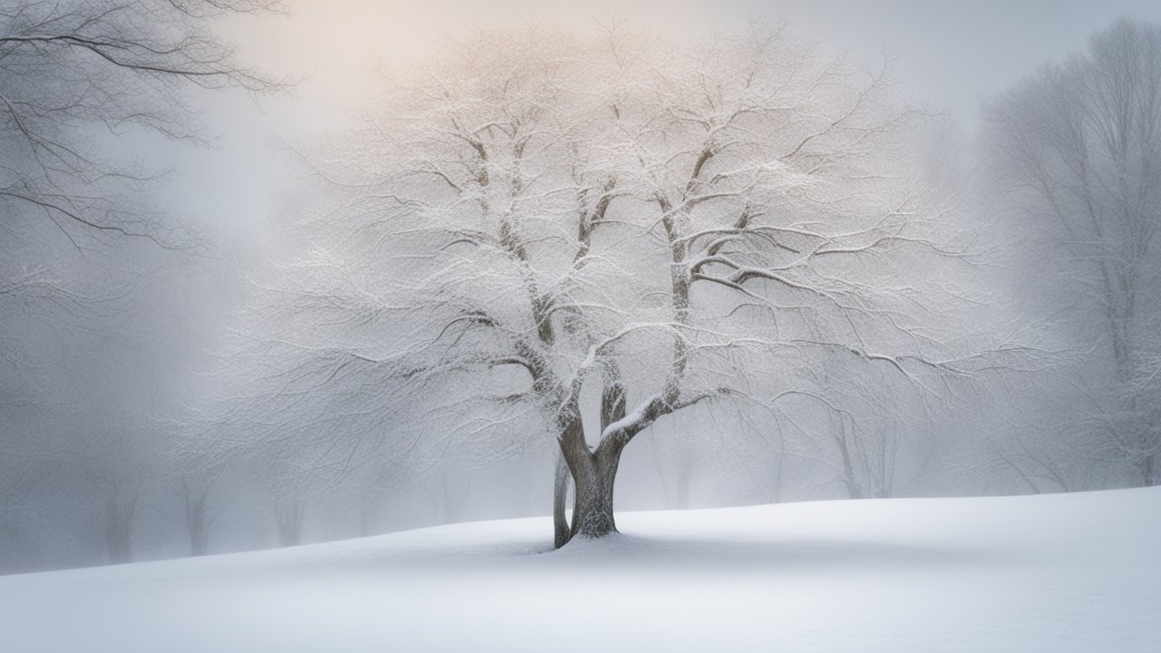 Snow-Covered Tree in a Misty Winter Landscape