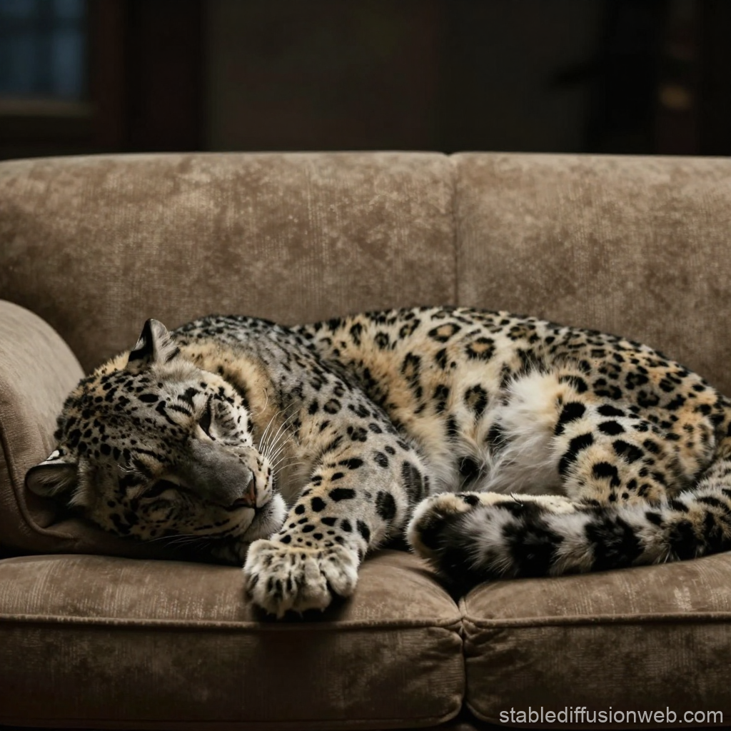 Snow Leopard Resting Peacefully on a Sofa