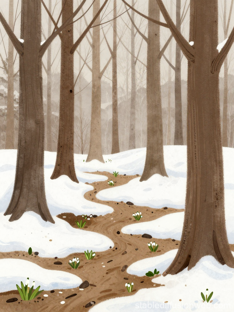 Snowdrops Blooming Along a Forest Path in Late Winter