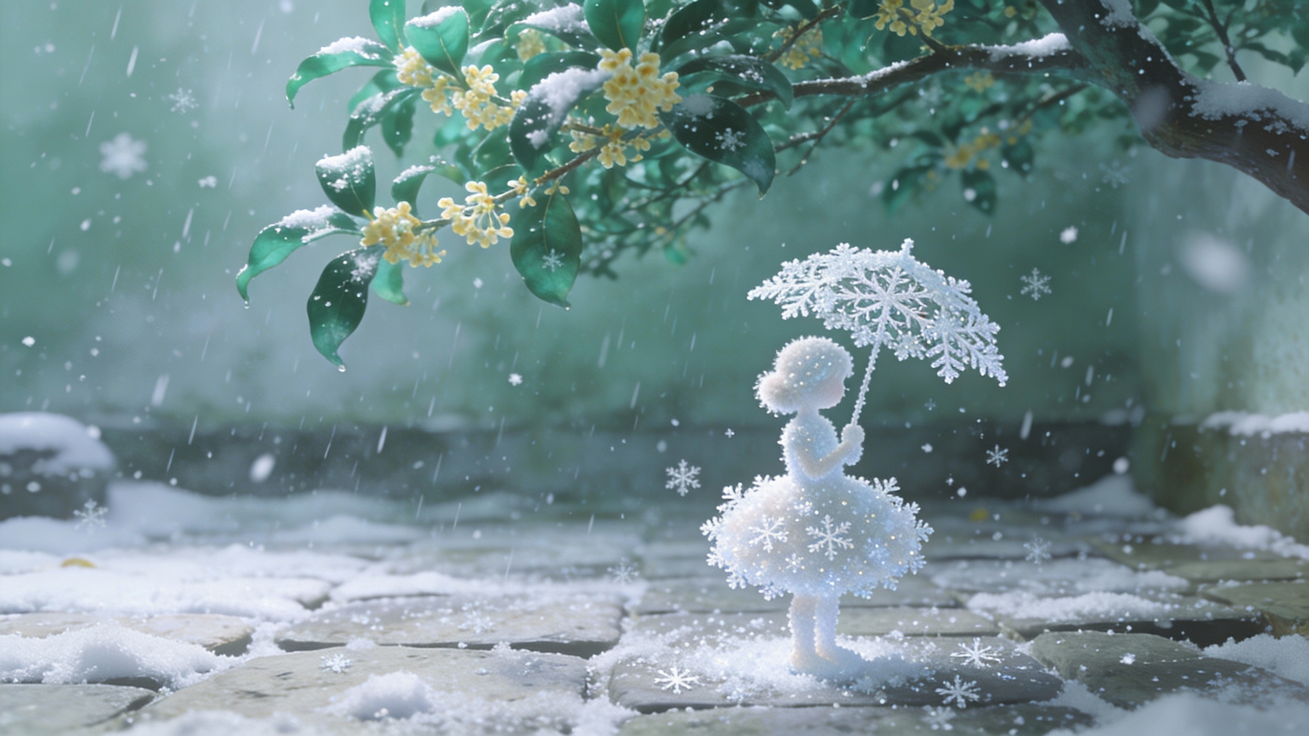 Snowflake Girl Holding Snowflake Umbrella in Winter Garden