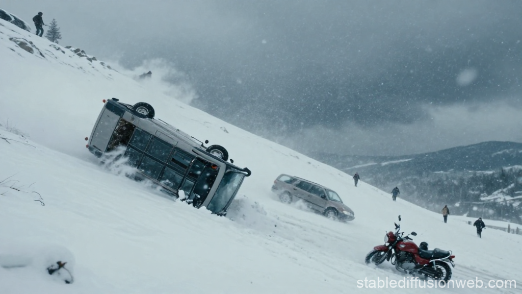 Snowstorm Disaster Scene with Overturned Vehicle