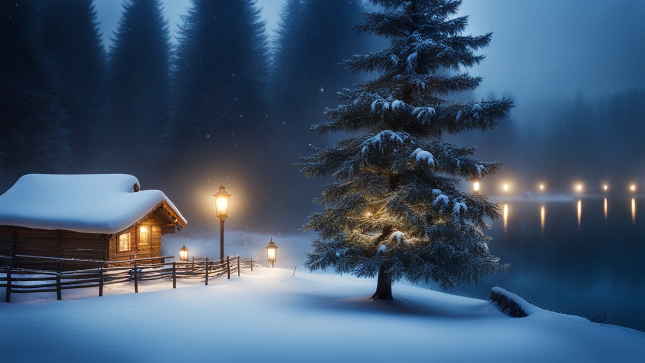 Snowy Cabin and Pine Tree by a Lake at Night