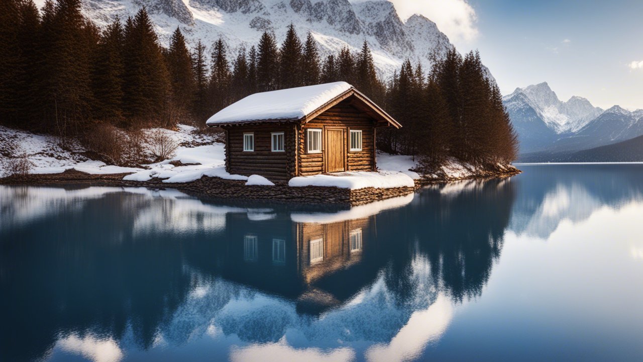 Snowy Cabin by Mountain Lake with Reflective Water