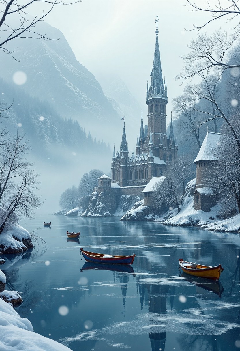 Snowy Fantasy Castle by a Frozen Lakeside