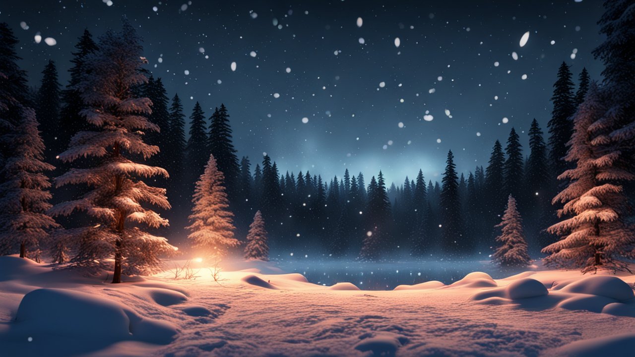 Snowy Fir Forest at Midnight with Glowing Warm Light