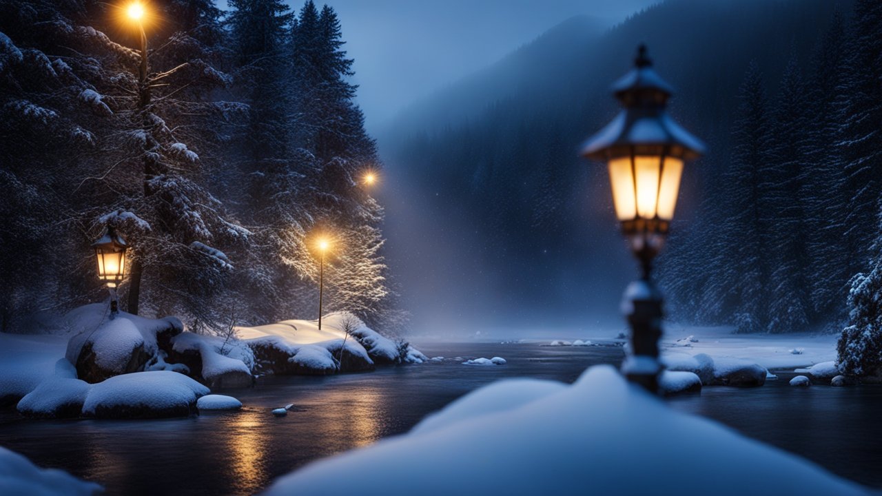 Snowy Fir Forest River at Night with Warm Lanterns