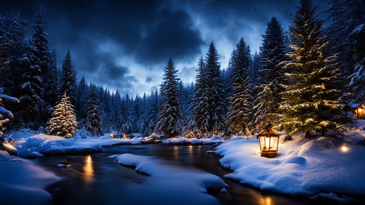 Snowy Forest Creek at Night with Lanterns