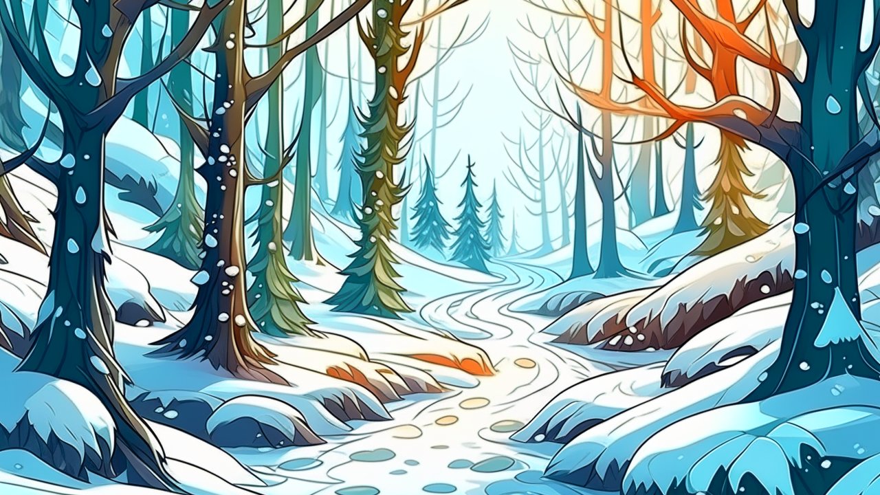 Snowy Forest Path in Fantasy Cartoon Style