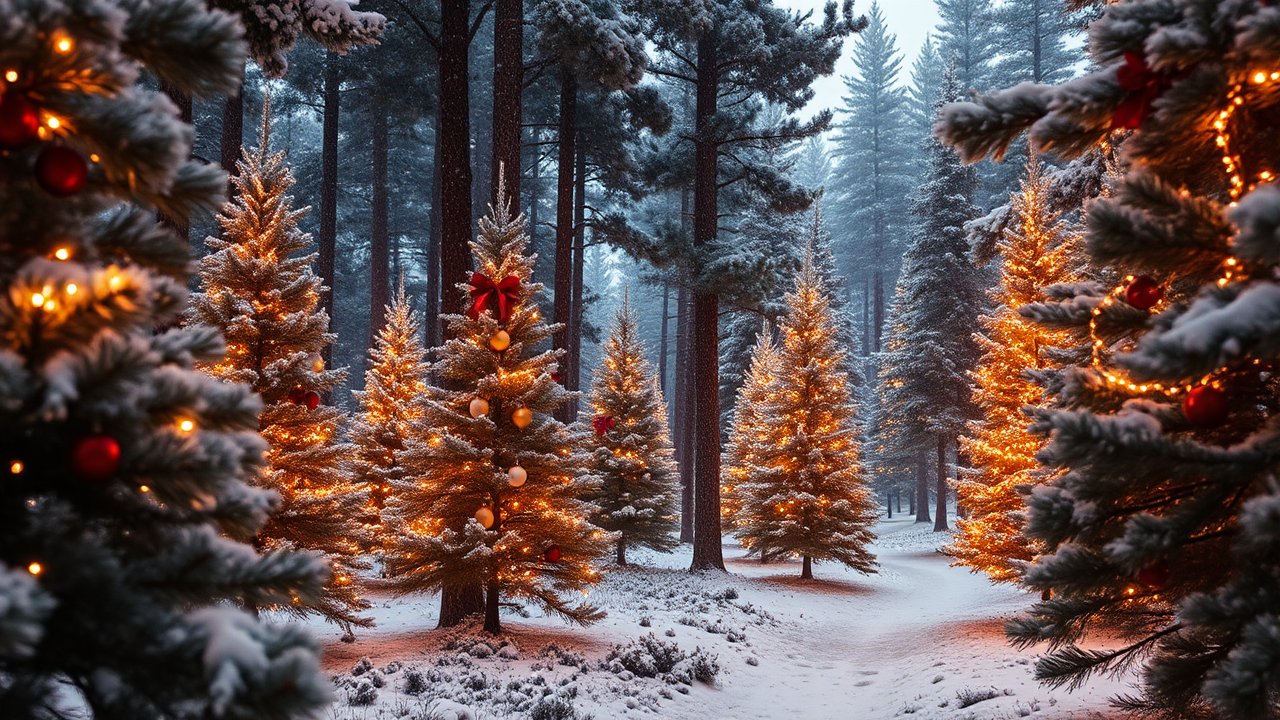 Snowy Forest with Glowing Christmas Trees