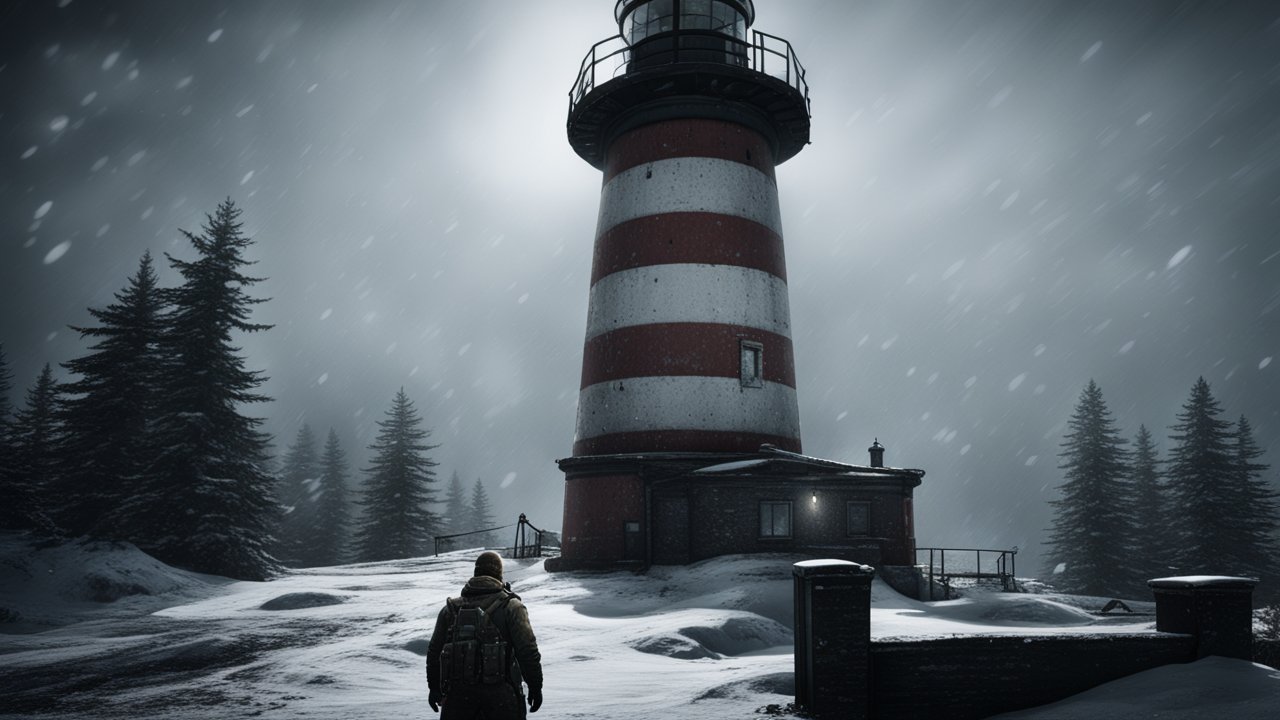 Snowy Lighthouse in a Winter Forest Scene