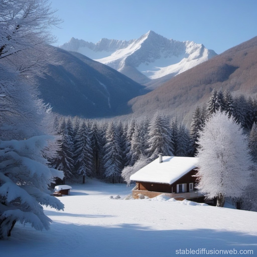 Snowy Mountain Cabin in Winter Landscape