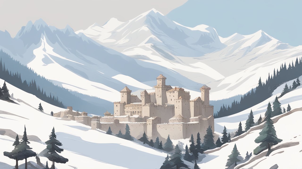 Snowy Mountain Fortress in Vast Winter Landscape