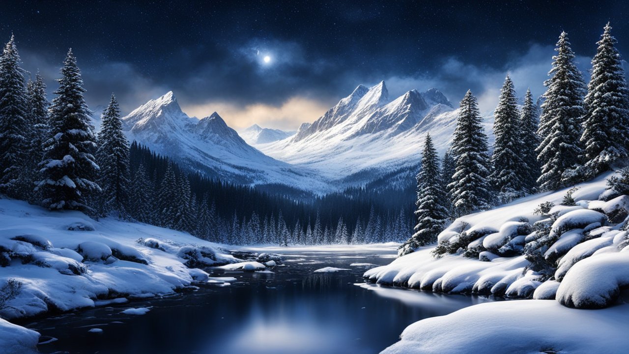 Snowy Mountain Lake Under a Starry Night Sky
