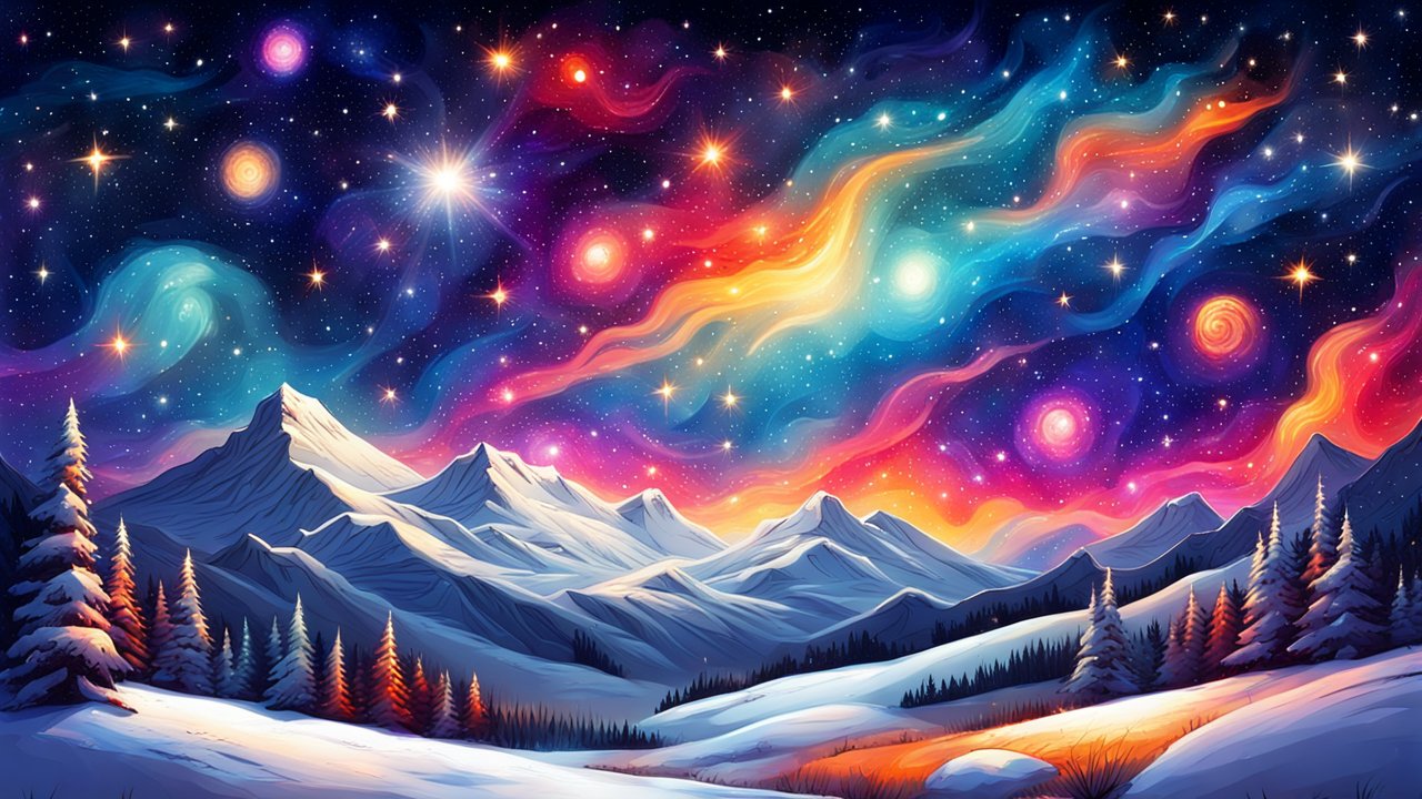 Snowy Mountain Landscape Under a Vibrant Cosmic Night Sky