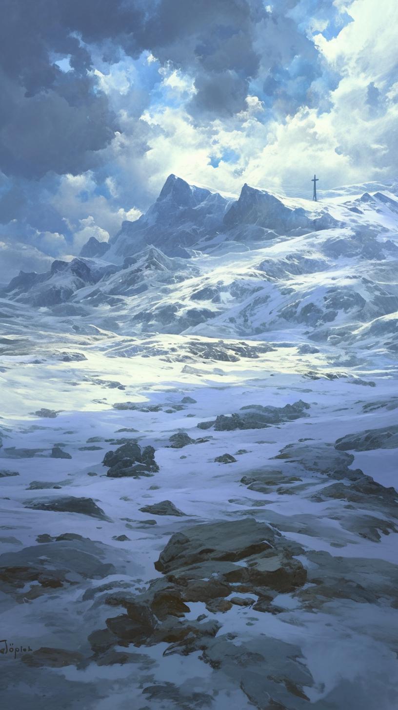 Snowy Mountain Landscape with Cross on Peak