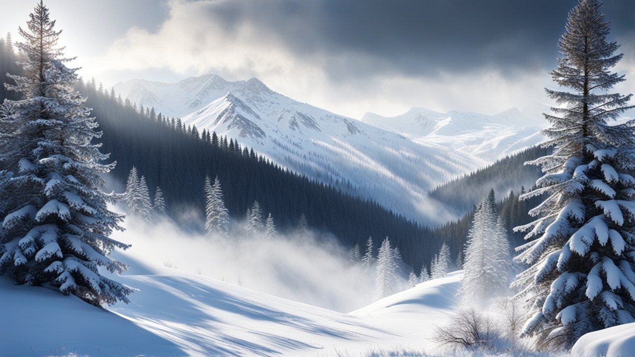 Snowy Mountain Landscape with Frosted Pine Trees