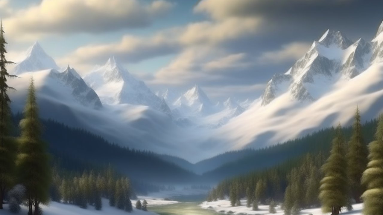 Snowy Mountain Landscape with Pine Trees and Mist