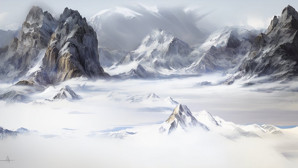 Snowy Mountain Range in Mist