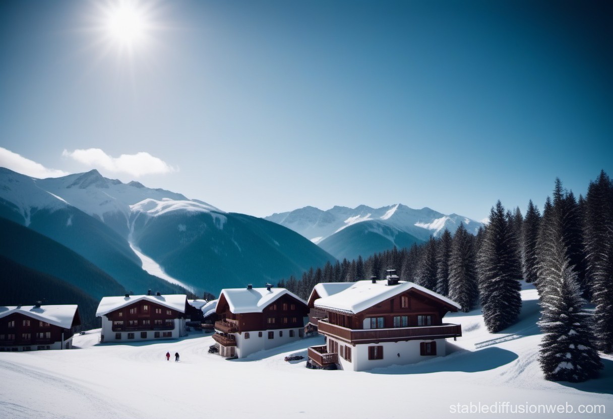Snowy Mountain Village Under Clear Blue Sky