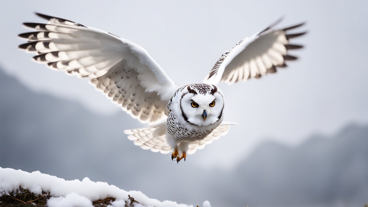 Snowy Owl in Flight Over Snowy Landscape