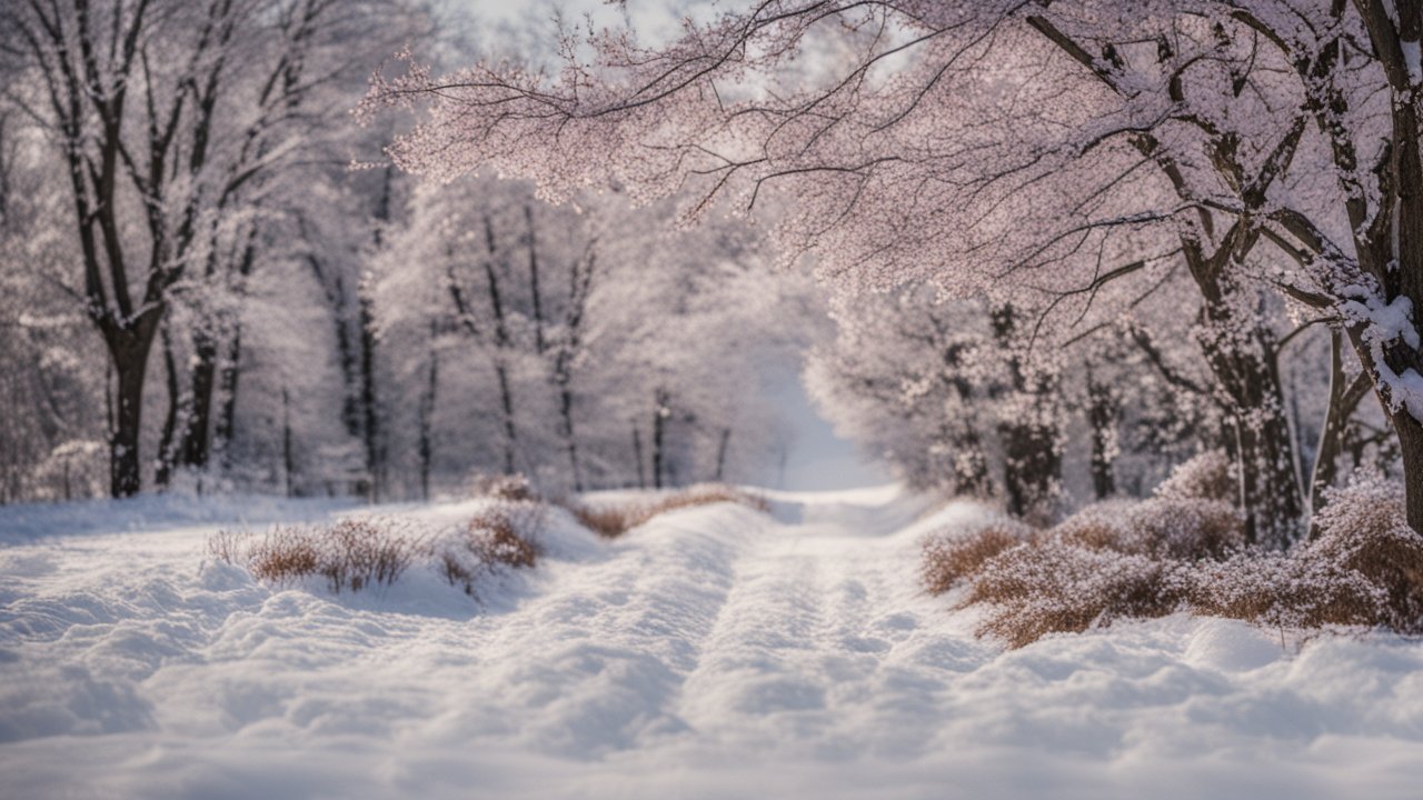Snowy Path Through Blossoming Trees on Early Spring Day