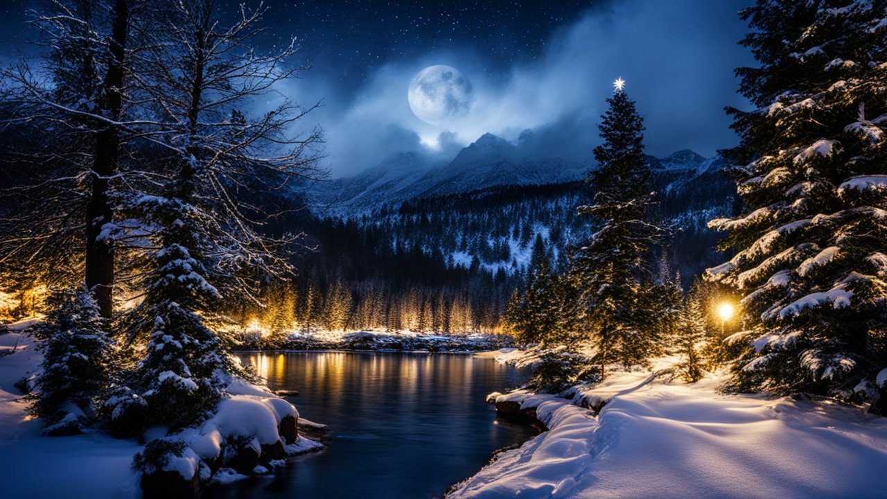 Snowy Riverside Forest Under Moonlit Night