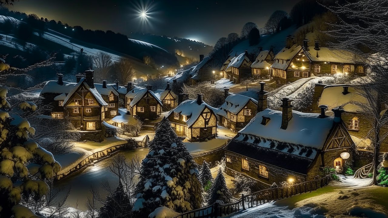 Snowy Village at Night with Warm Lights