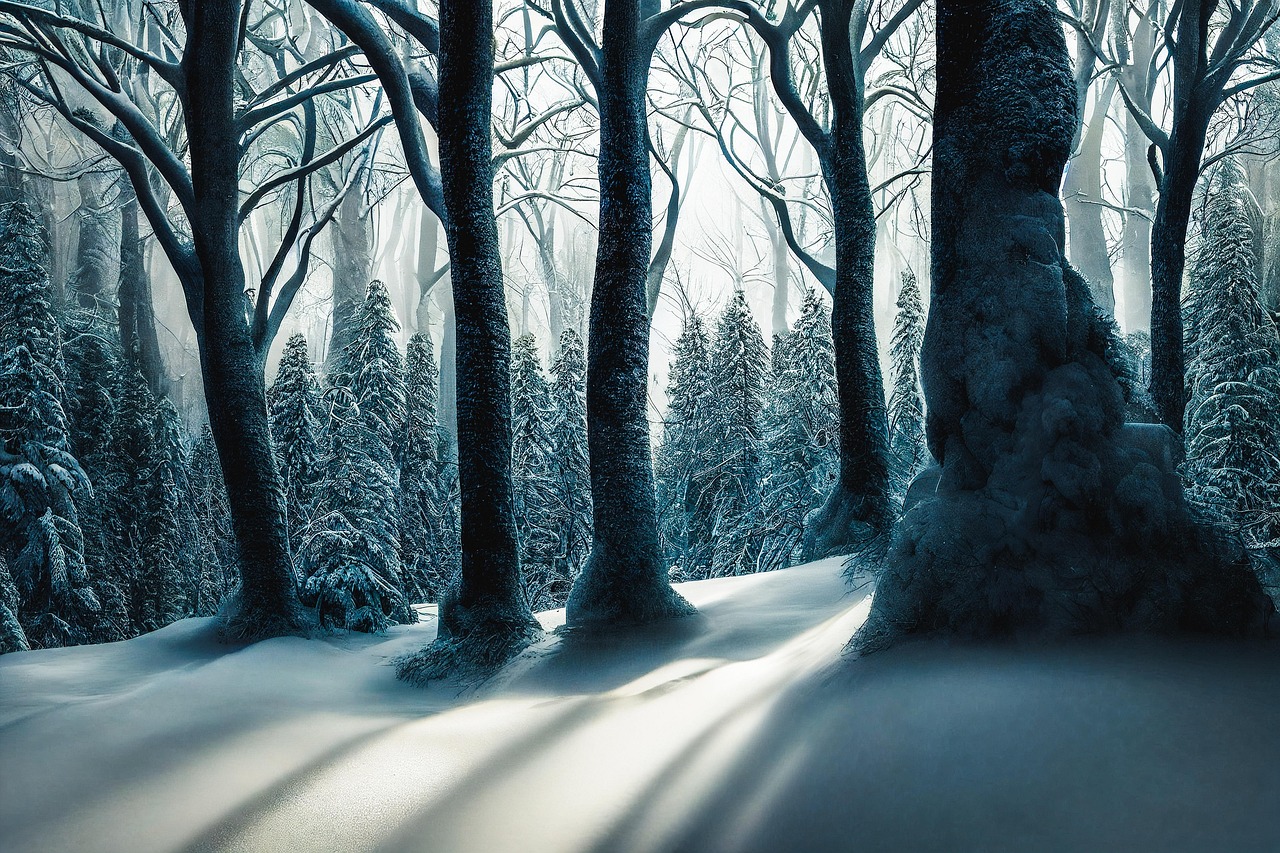 Snowy Winter Forest with Tall Trees and Soft Shadows