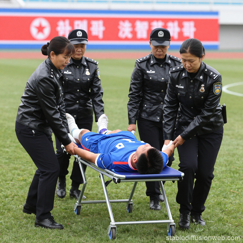 Soccer Player Being Carried on Stretcher by Uniformed Women