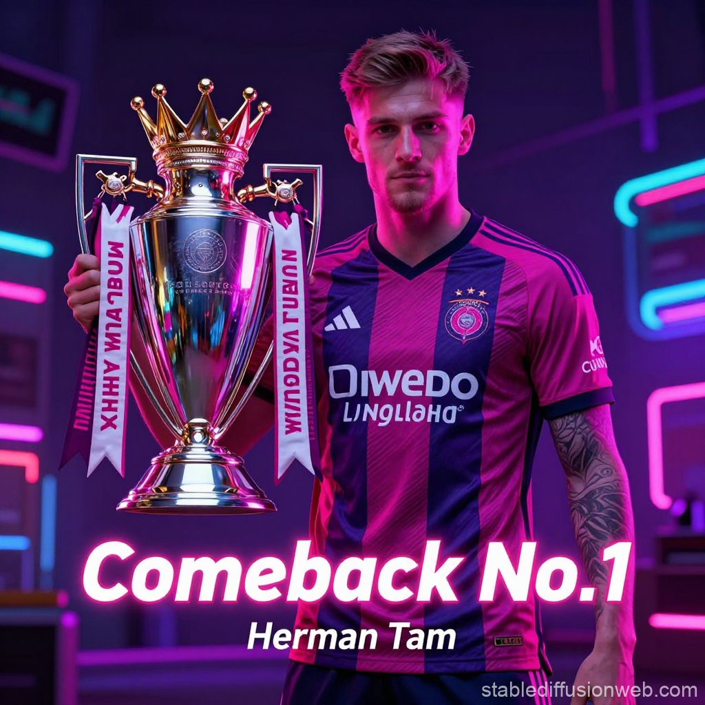 Soccer Player Holding Championship Trophy in Neon Light