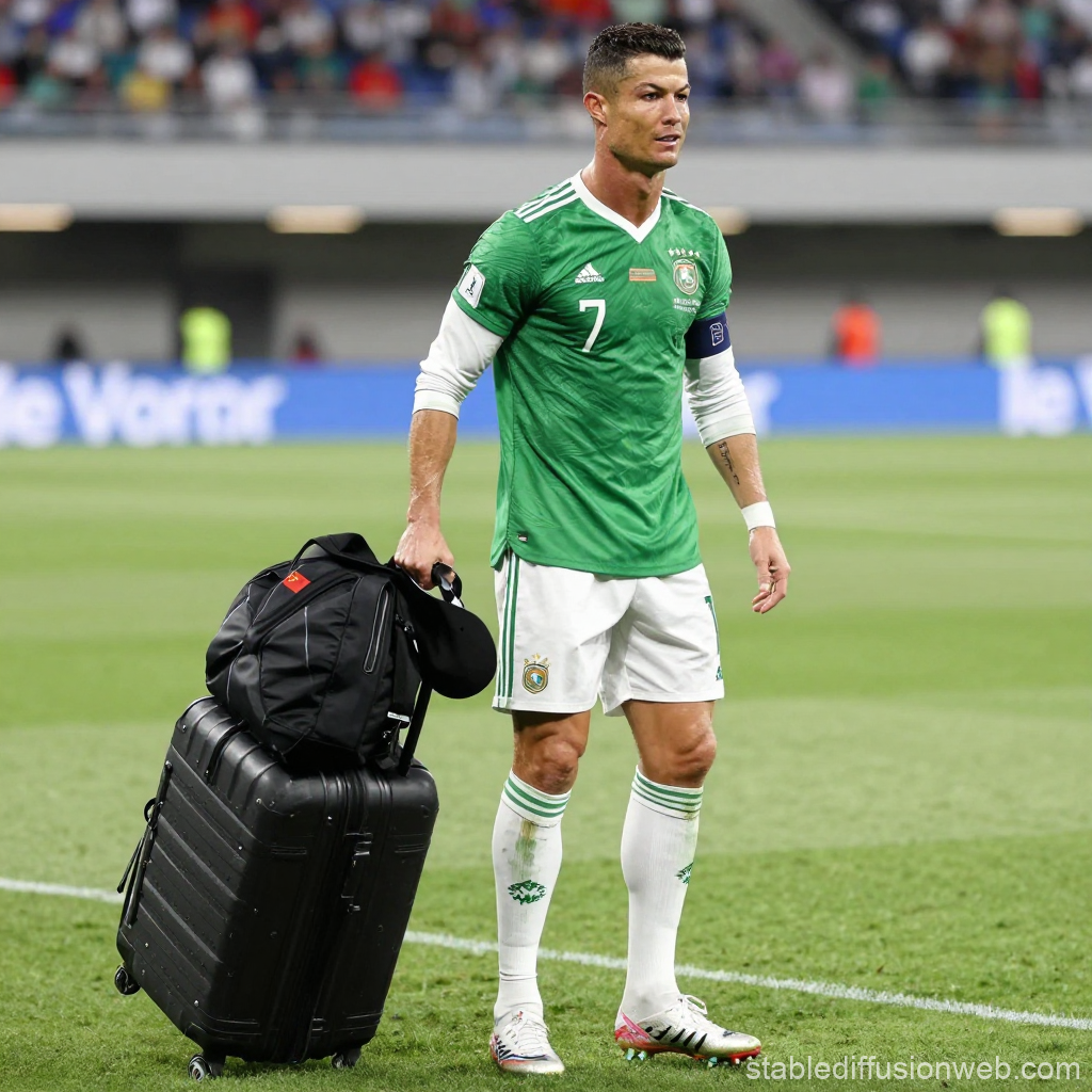 Soccer Player in Green Jersey with Luggage on Field