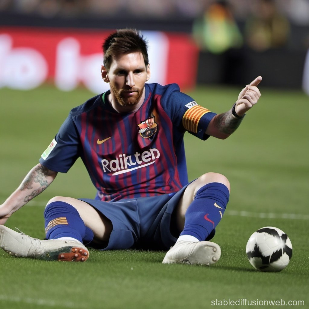 Soccer Player Sitting on Field with Ball