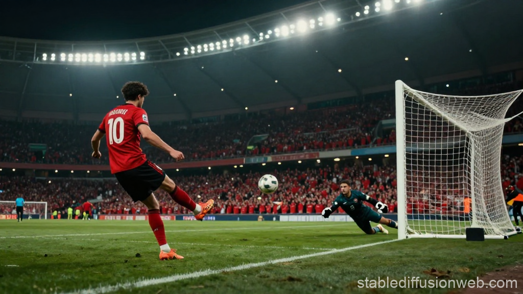 Soccer Player Taking a Shot on Goal with Goalkeeper Diving