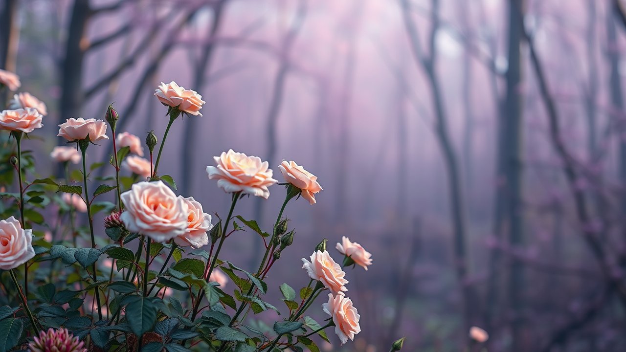 Soft Pink Roses in a Misty Purple Forest