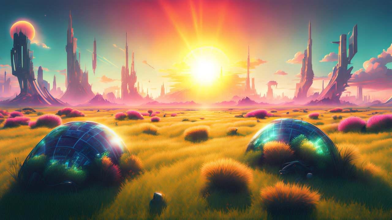 Solar Punk Futuristic Landscape at Sunset