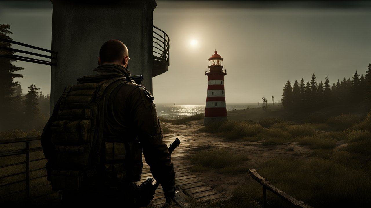 Soldier Approaching Lighthouse at Sunset