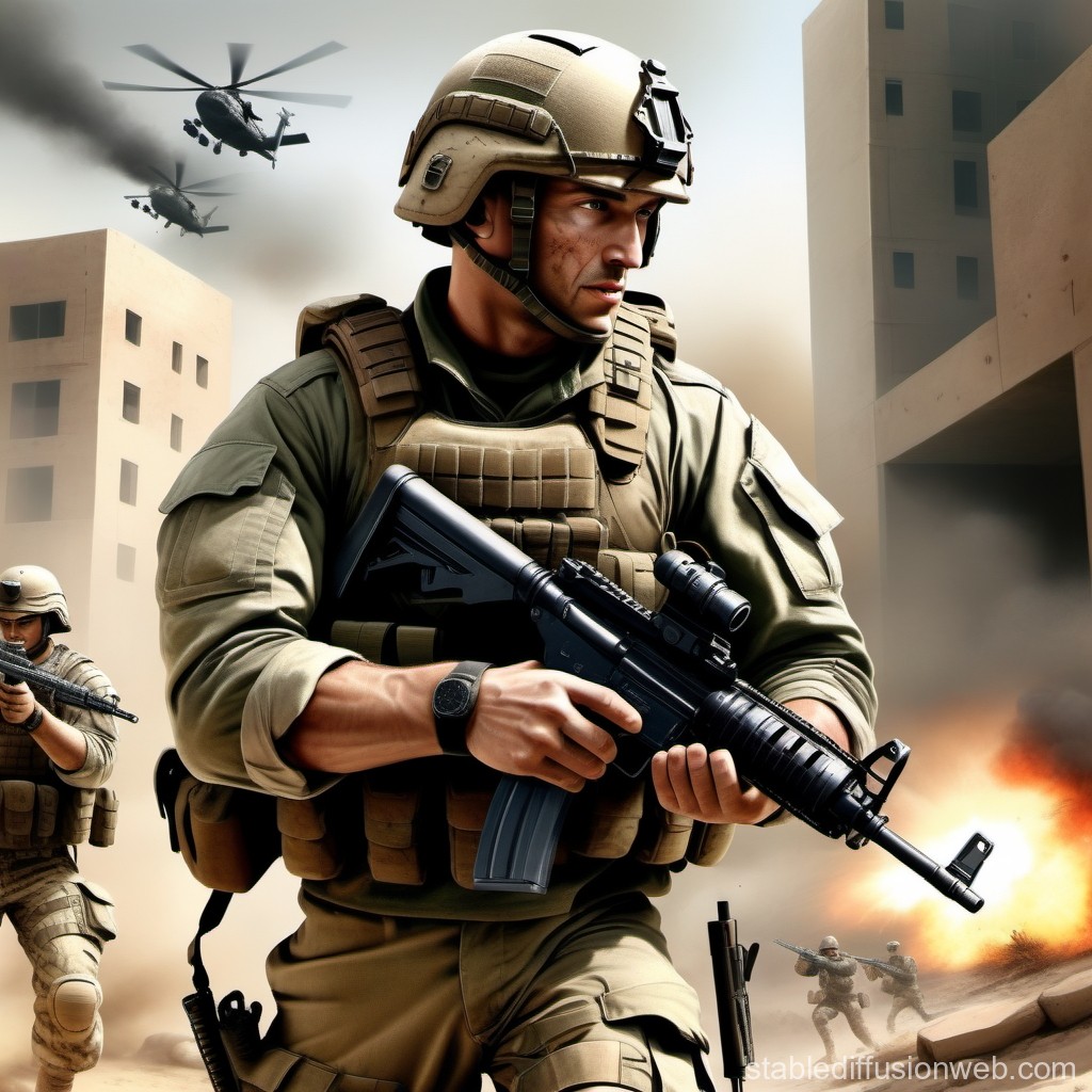 Soldier in Tactical Gear Amid Urban Combat Scene