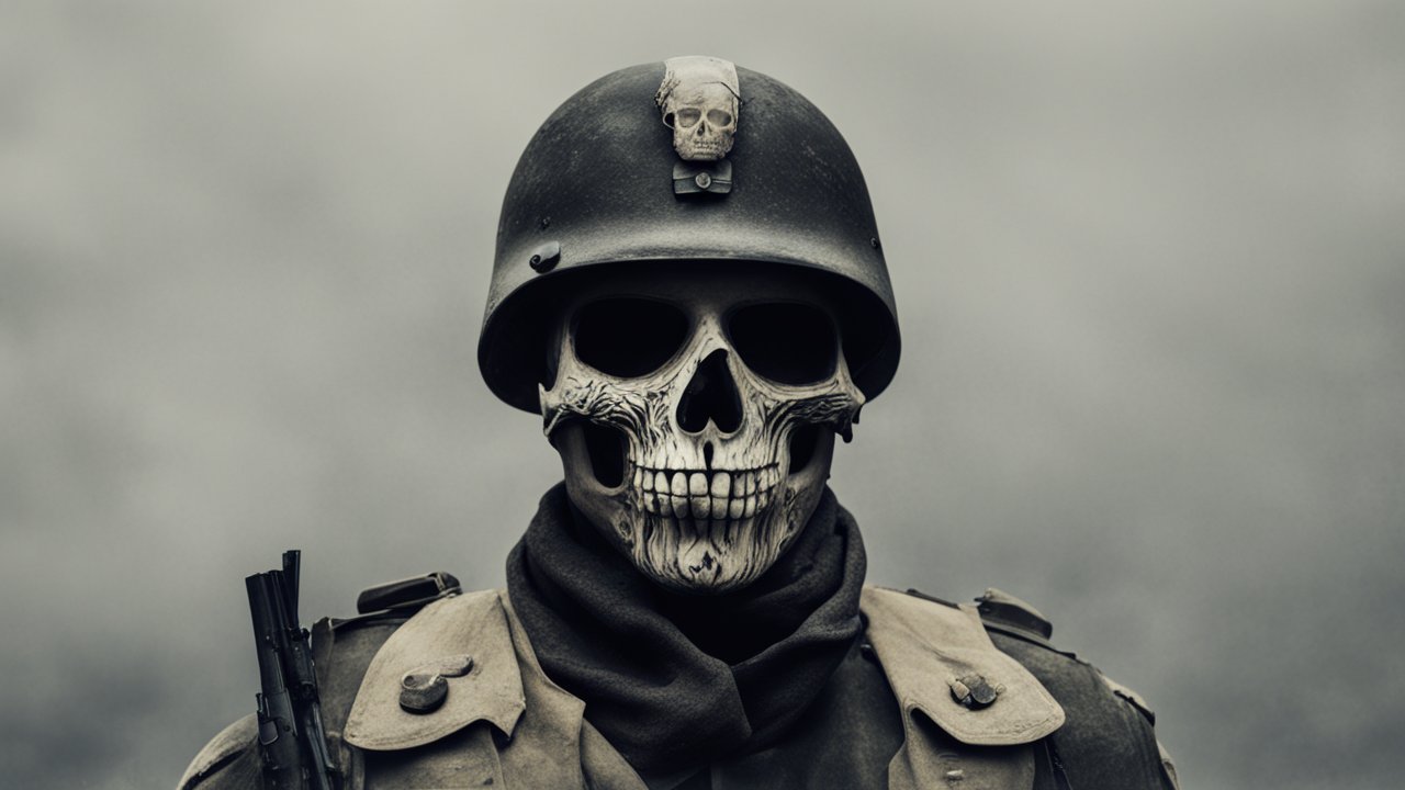 Soldier Wearing Skull Mask and Helmet
