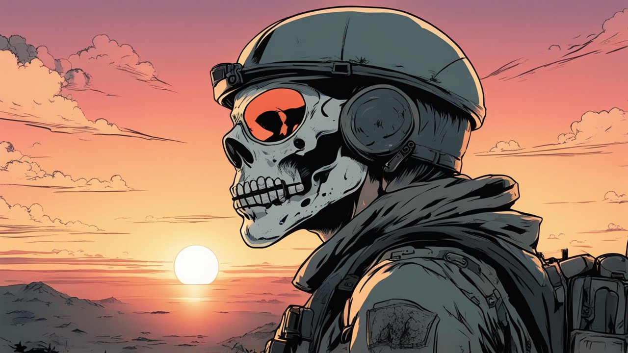 Soldier with Skull Helmet at Sunset