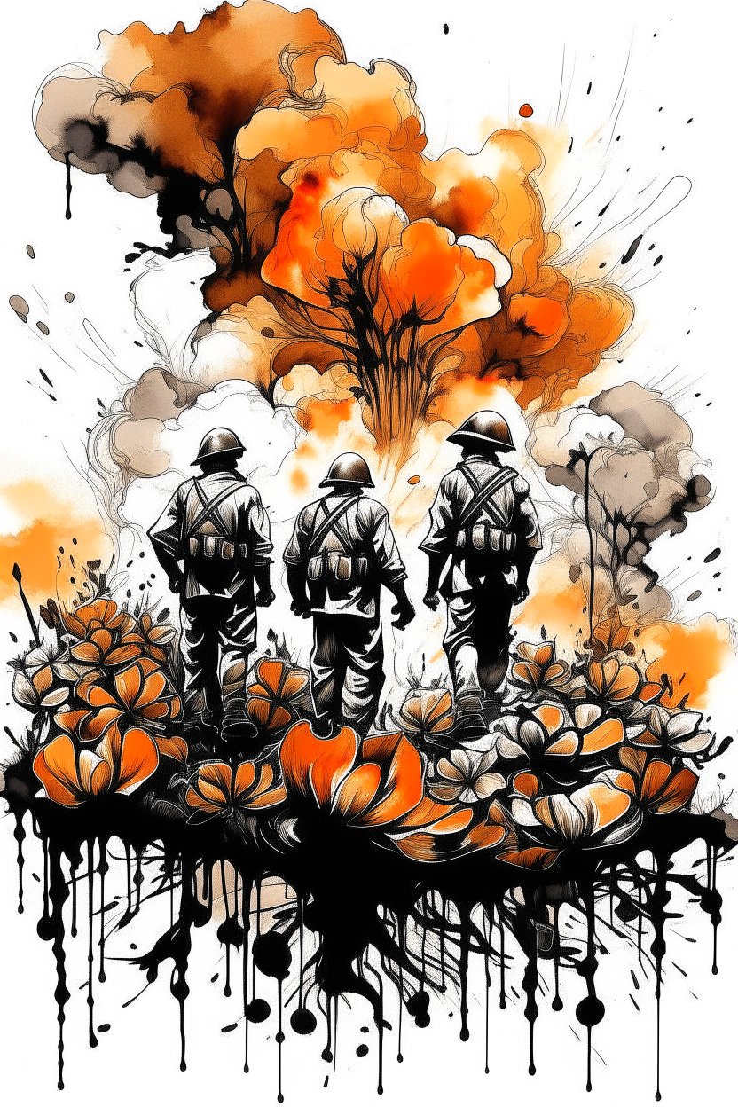 Soldiers Amidst Explosive Floral Chaos