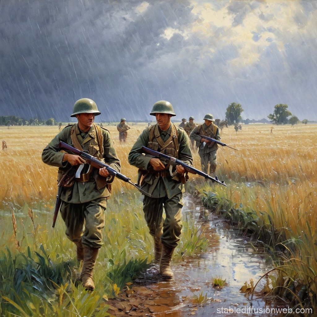 Soldiers Marching Through Rainy Wheat Field
