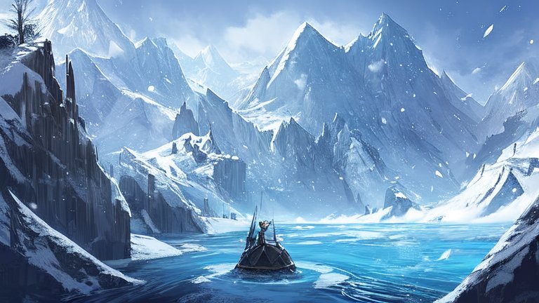 Solitary Boat in Icy Mountain Lake